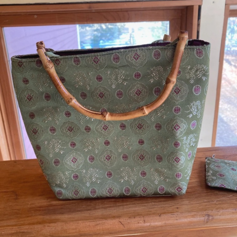 Green Brocade Tote with Bamboo